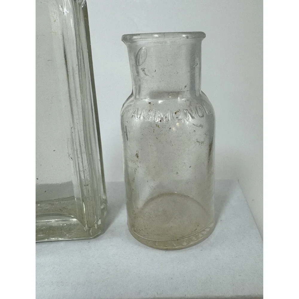 Lot of 3 Vintage Glass Apothecary Bottles Clear Ammonol Embossed Decorative Set